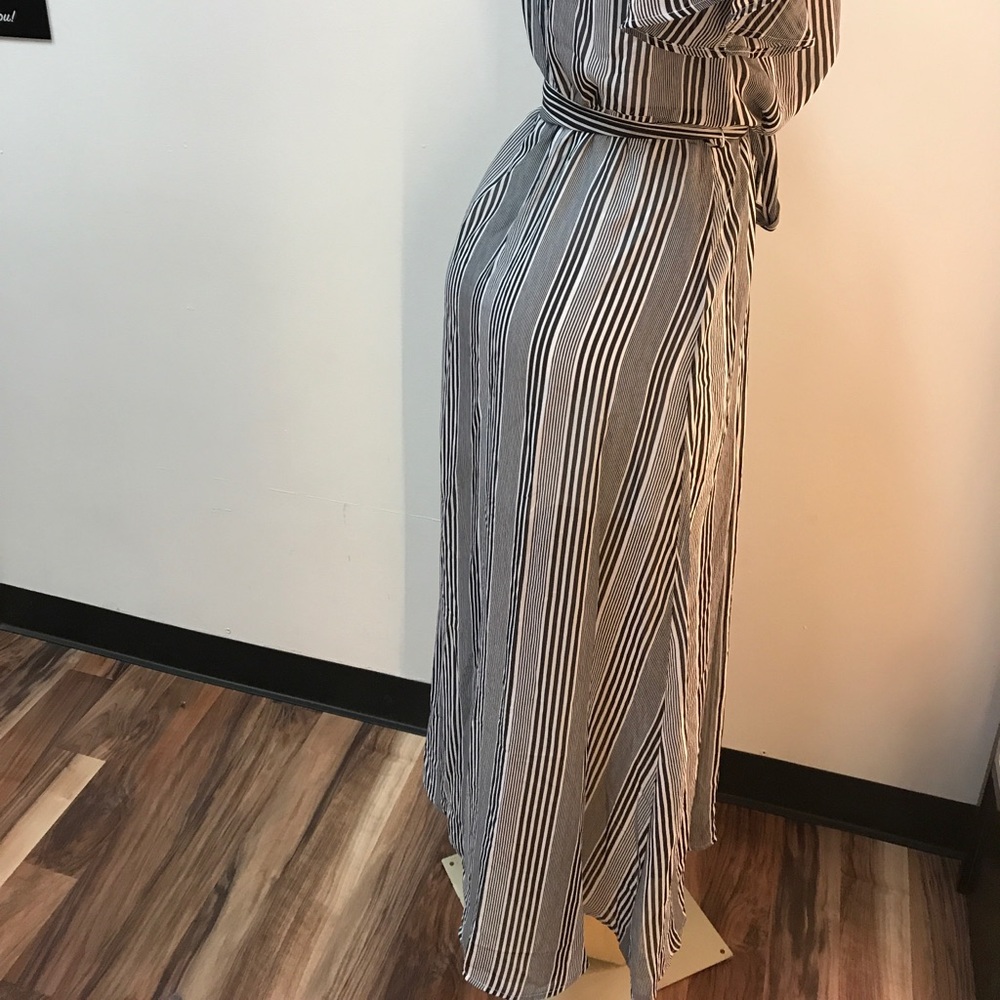 ‼️ Stripe Chiffon Maxi Waist Tie Belt Dress V Cut - Picture 8 of 8